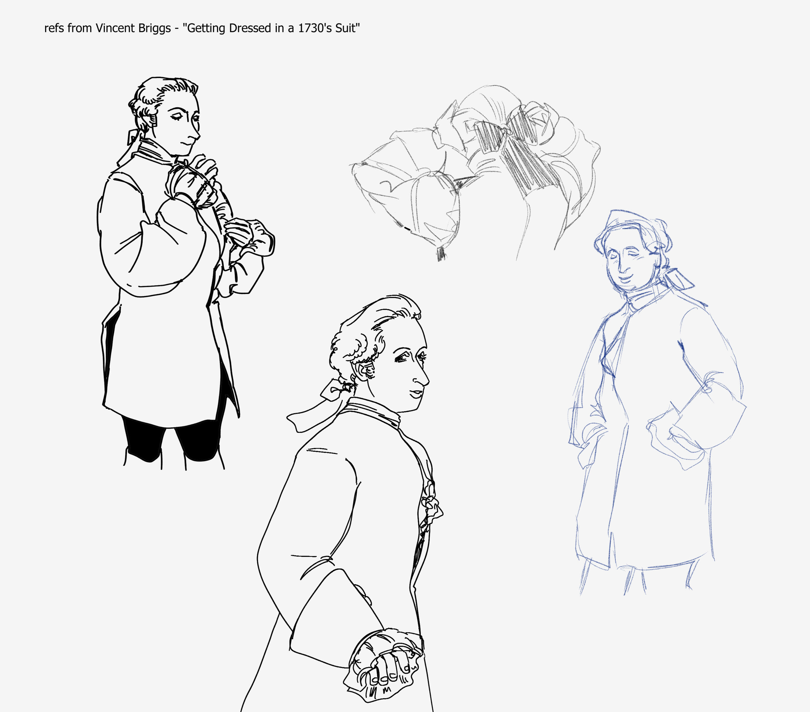 Four sketches of a man in a 1730s suit, based on a video of a person getting dressed in such period wear.