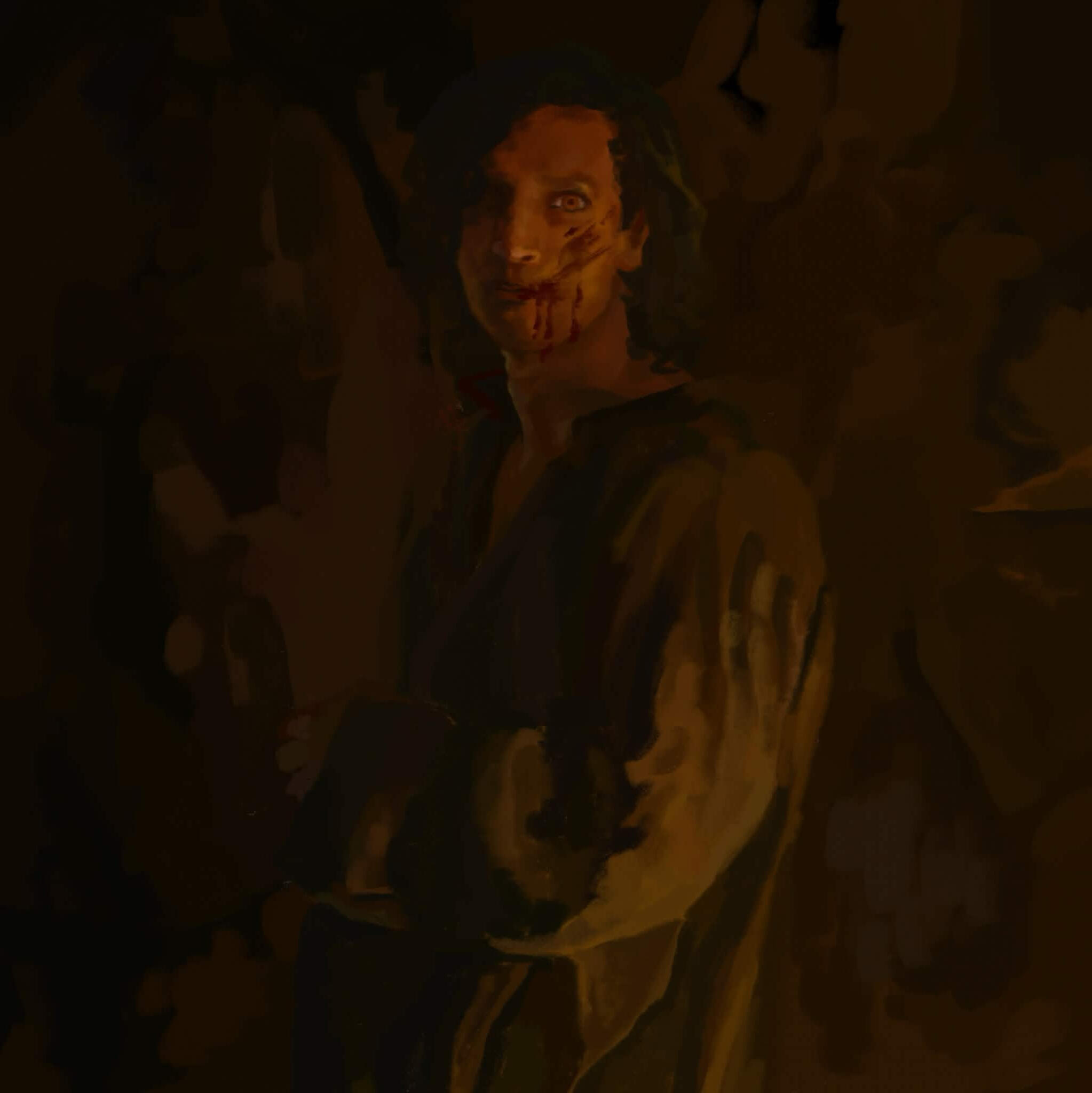 A digital painting of Armand during his time in the Paris Coven. He faces the viewer with blood on his face and is lit on the right side of the image by a fire.