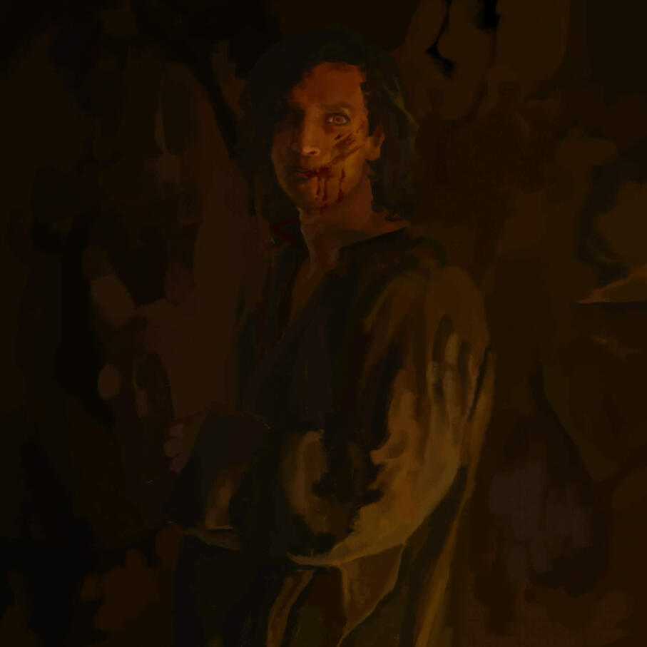 A digital painting of Armand during his time in the Paris Coven. He faces the viewer with blood on his face and is lit on the right side of the image by a fire.