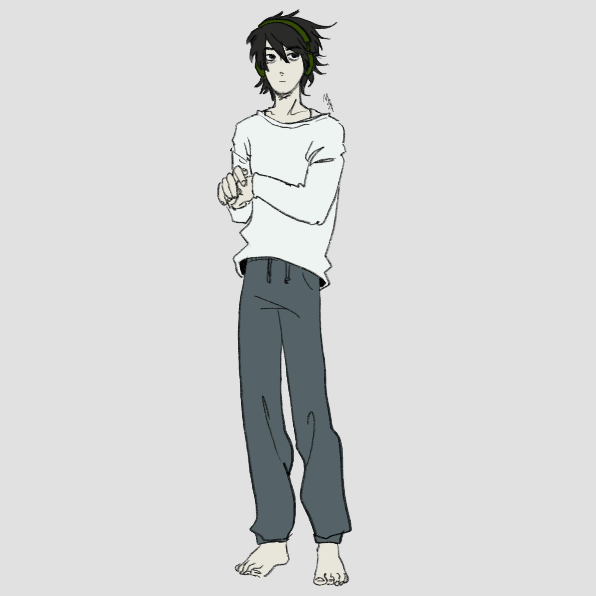 A lined and flatly shaded drawing of L/Lawliet from Death Note. He faces toward the left of the image and looks off to the right while fiddling with his hands.