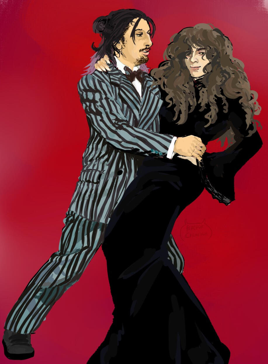 A portrait of myself as Gomez and a friend as Morticia. I am wearing a pinstripe suit and black tennis shoes. He is wearing a dark velvet dress with lace detailing on the sleeves.